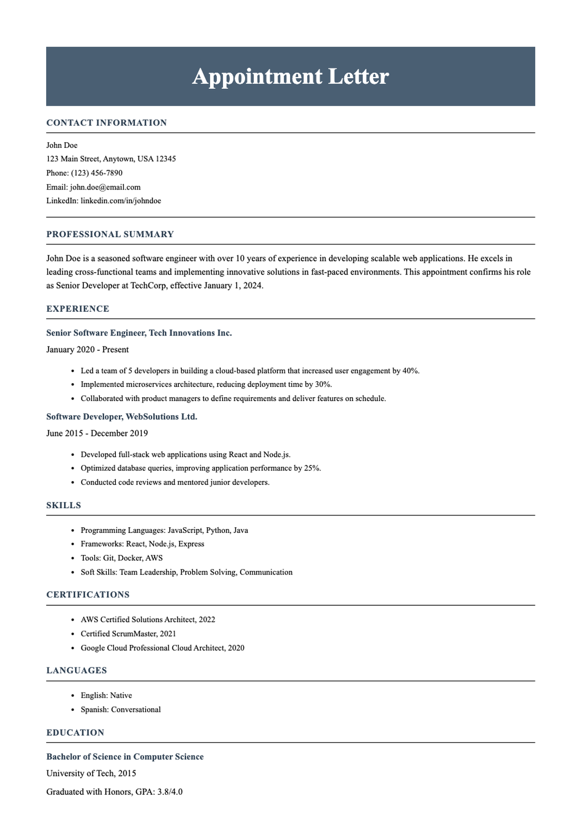 Professional software developer resume with skills certifications and experience highlights_variant_1